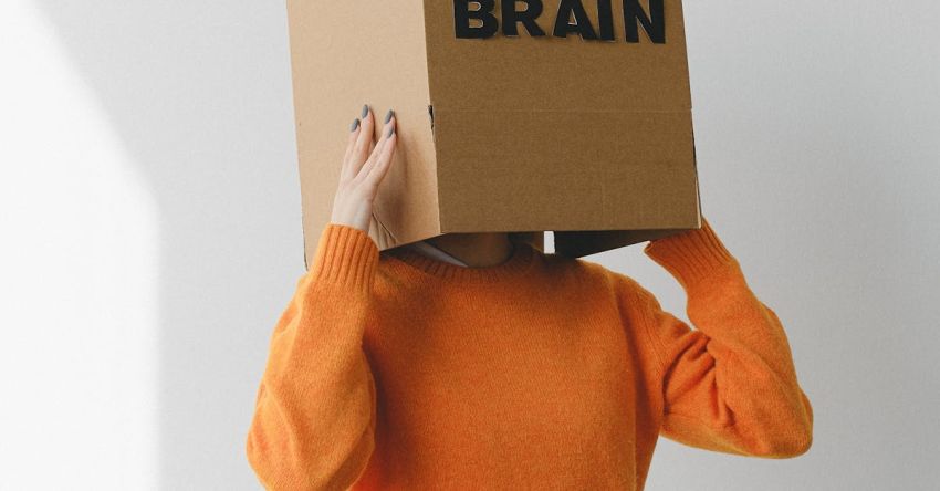 Reasons - Crop person putting Idea title in cardboard box with Brain inscription on head of female on light background